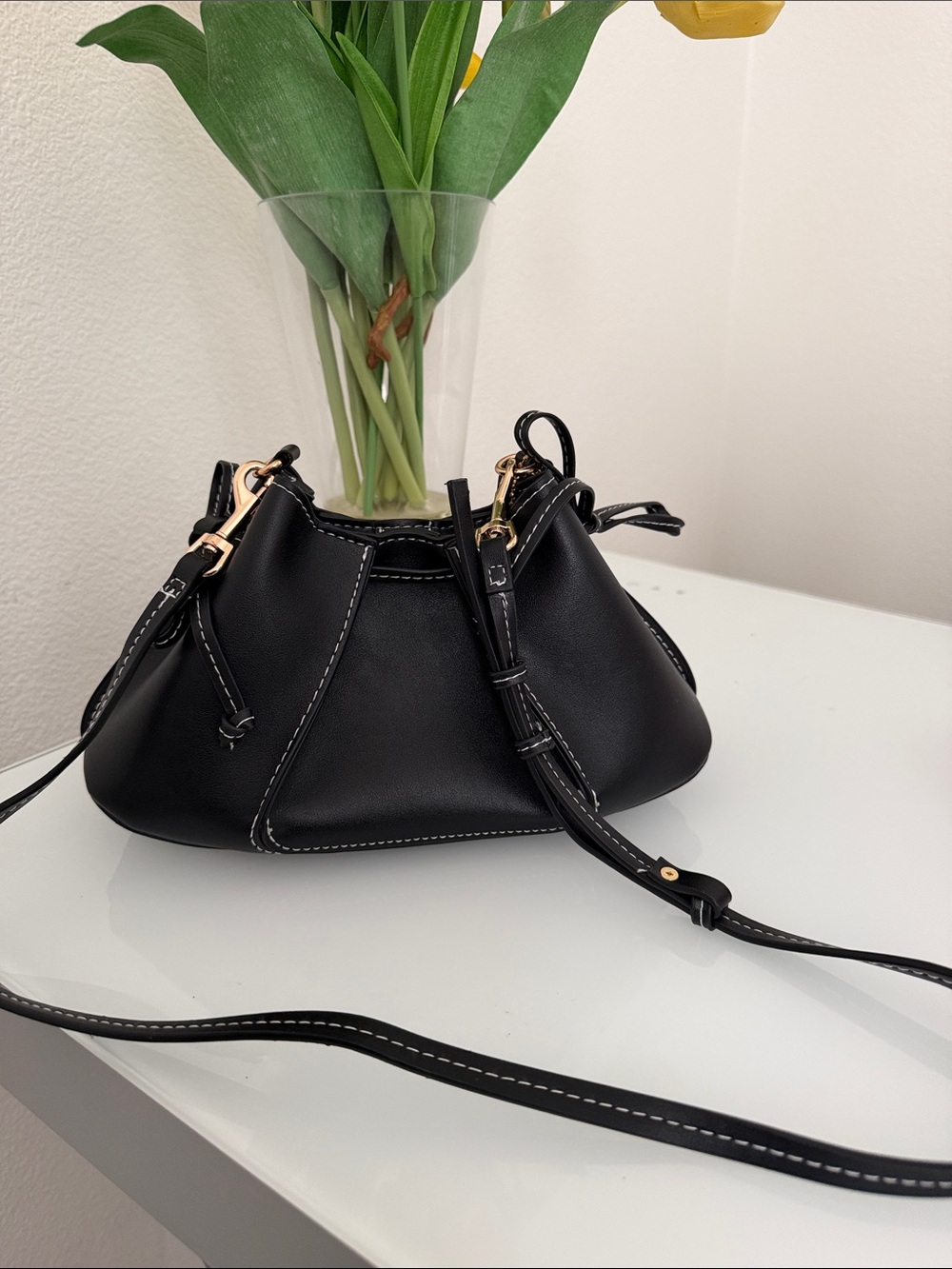 Black Drawstring Crossbody Bag with Contrast Stitching